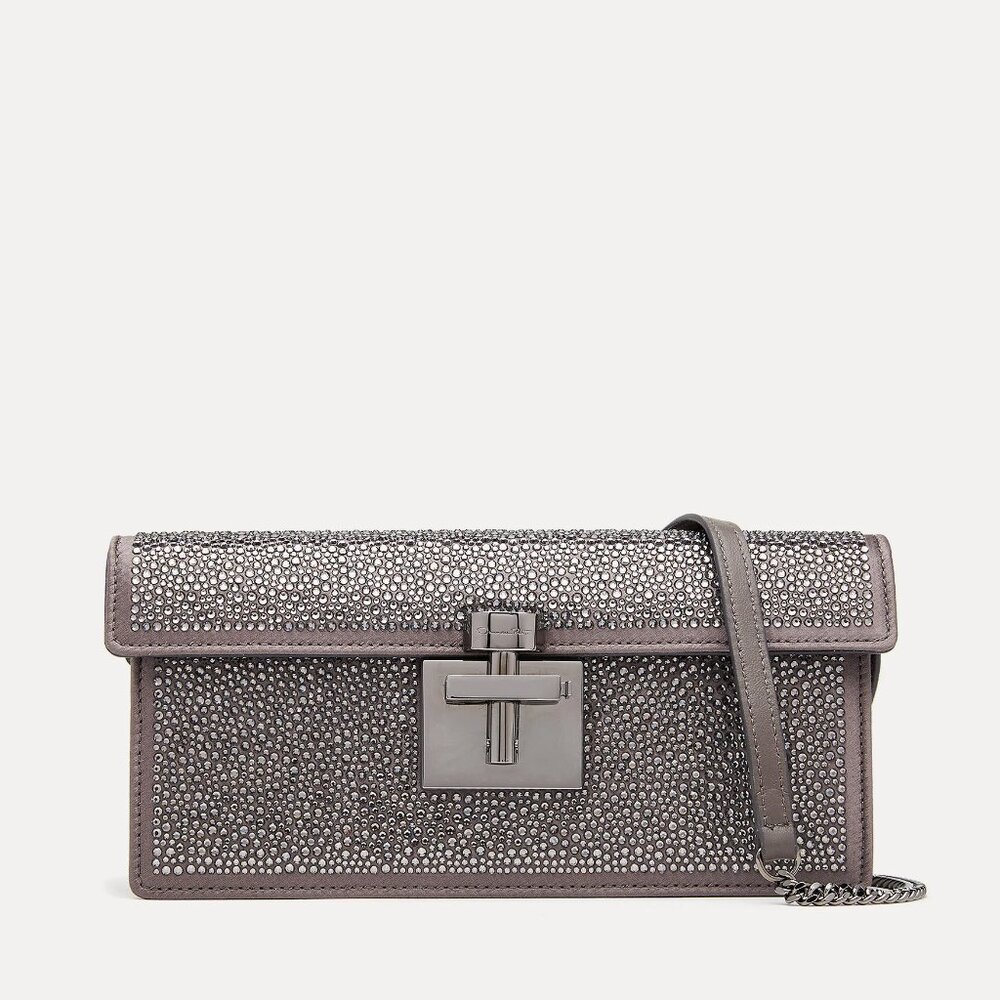 Oscar de la Renta Alibi Slim Crystal Pave Satin Shoulder Bag - Gray